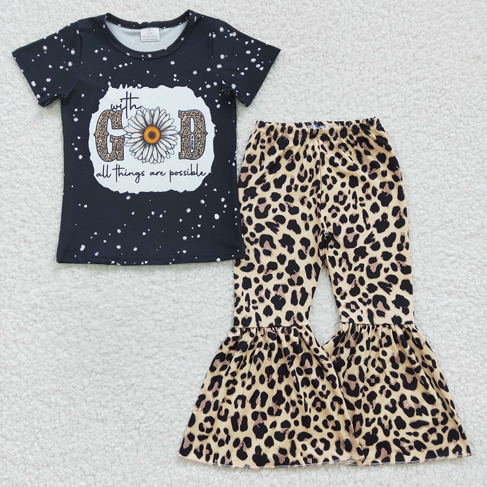 Baby Girls God Sunflower Leopard Bell Pants Clothes Sets