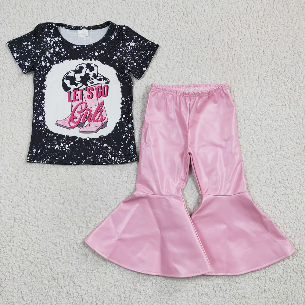 Baby Let's Go Tee Shirts Top Pink Leather Bell Bottom Pants Sets