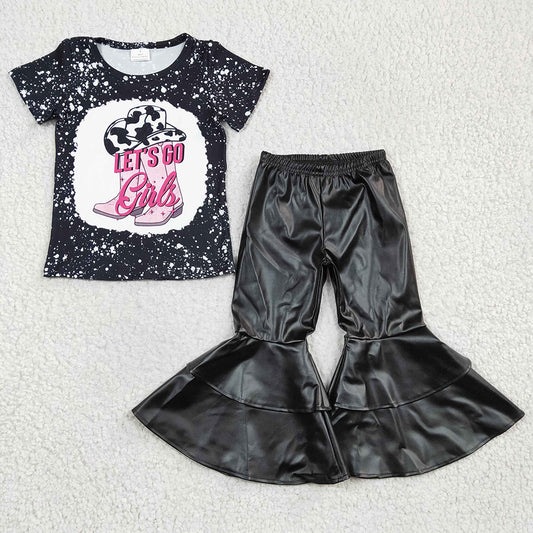 Baby Let's Go Tee Shirts Top Black Leather Bell Bottom Pants Sets