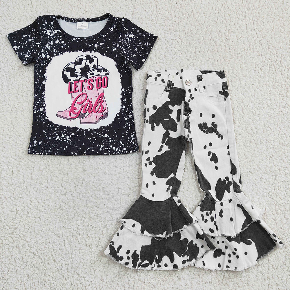 Toddler Western Shirt Cow print Denim Jeans Pants Clothes Sets