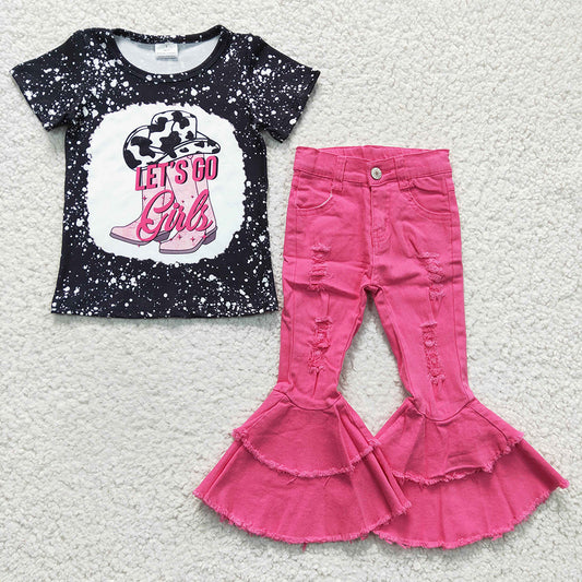 Children Western Shirt Hotpink Denim Jeans Pants Clothes Sets