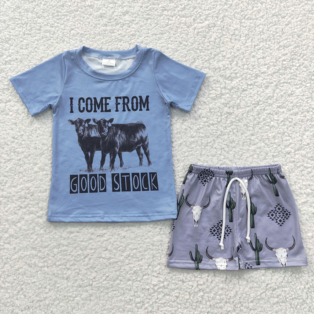 Baby Boys Blue Cactus Western Cow Shorts Sets