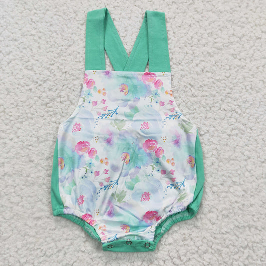 Baby Girls Green Floral Strap Rompers