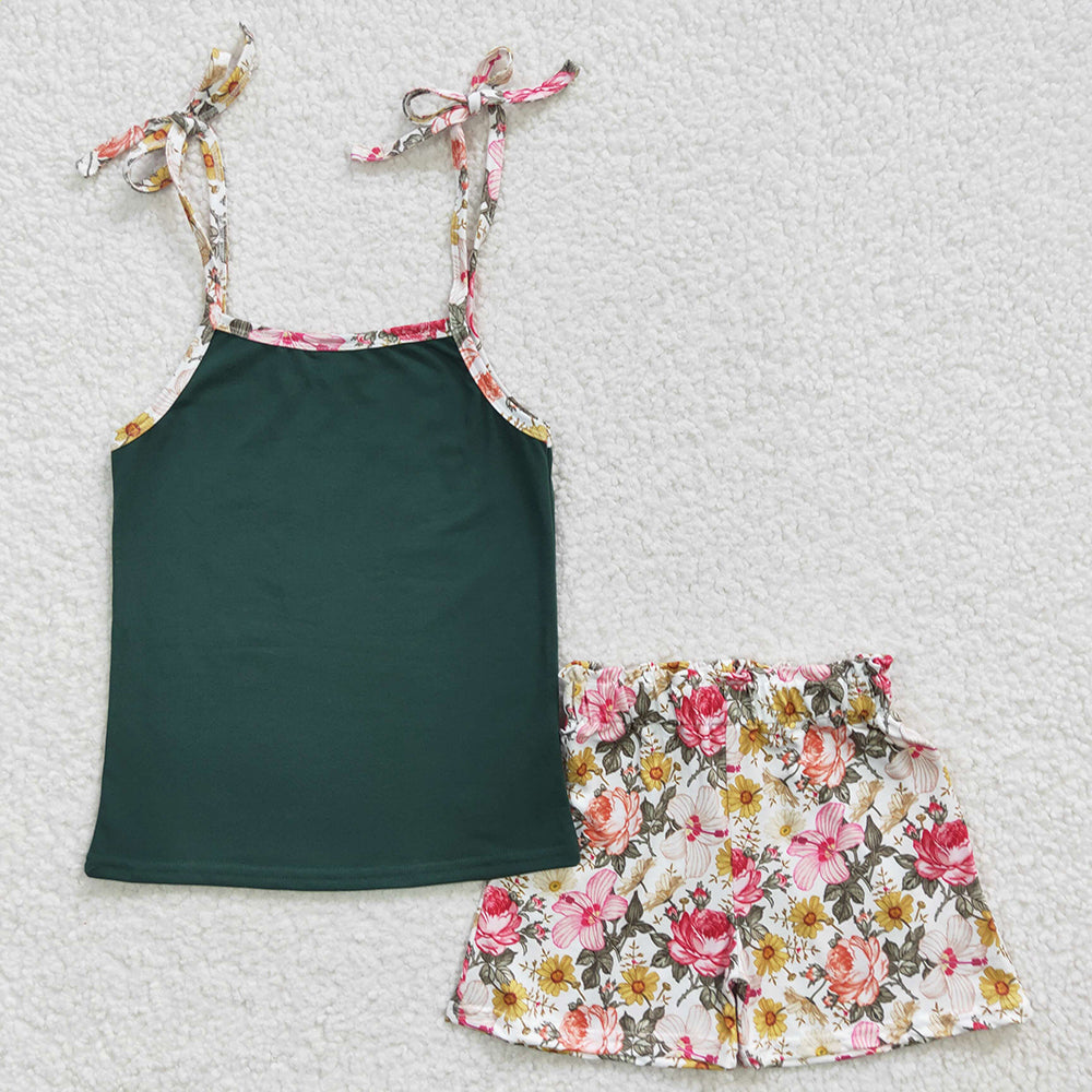 Baby Girls Green Straps Tops Floral Summer Shorts Sets