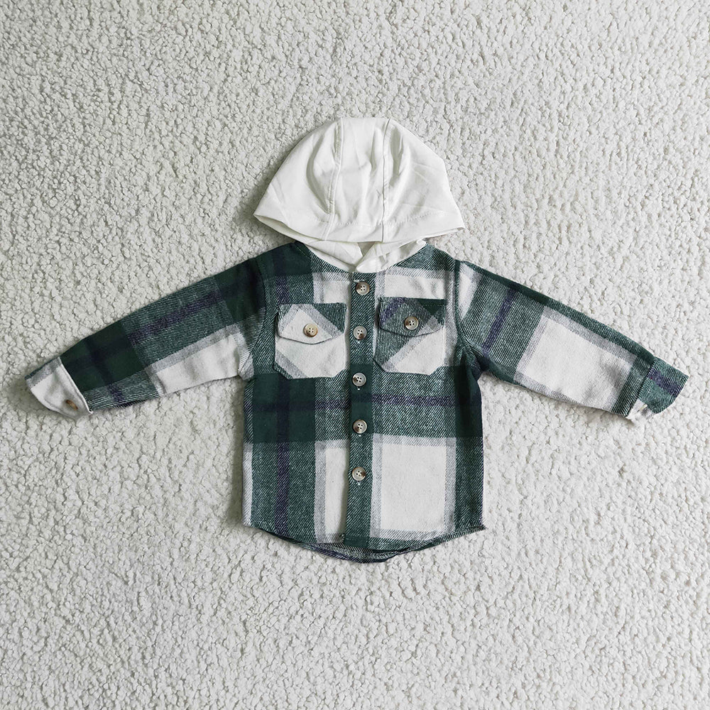 Baby kids green plaid hoodie pocket shirts Tops