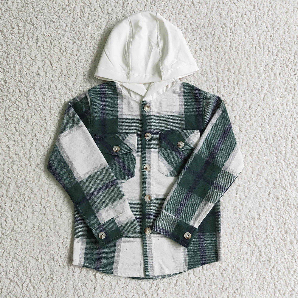 Baby kids green plaid hoodie pocket shirts Tops