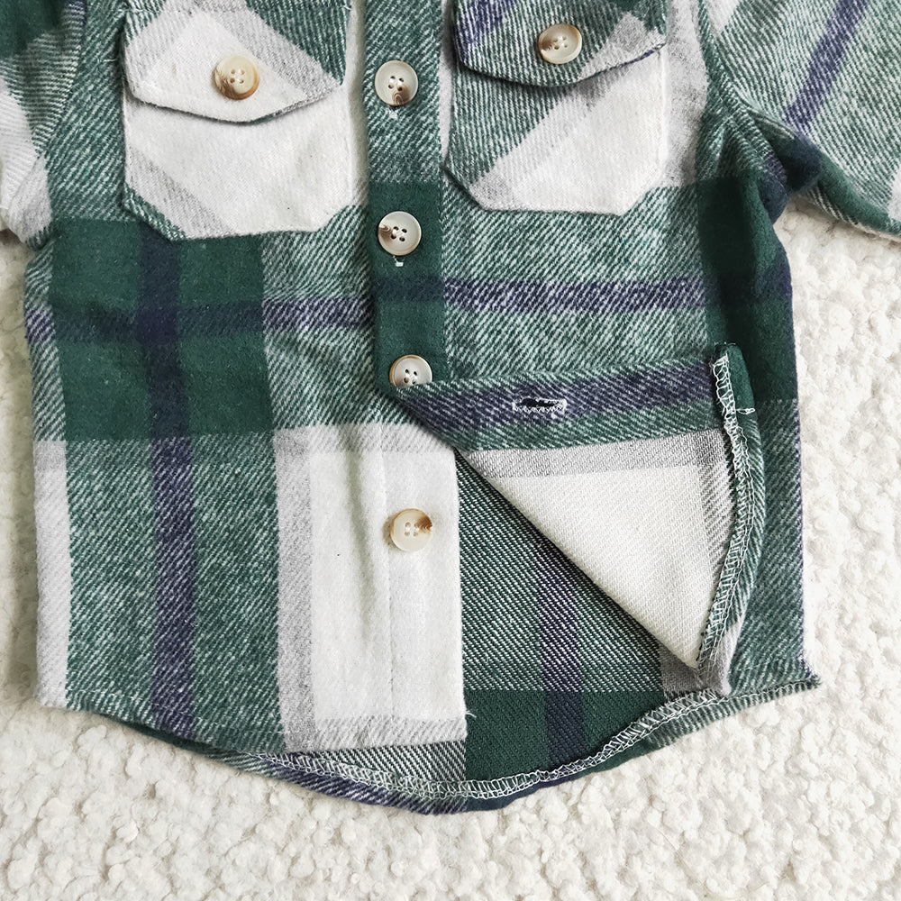 Baby kids green plaid hoodie pocket shirts Tops