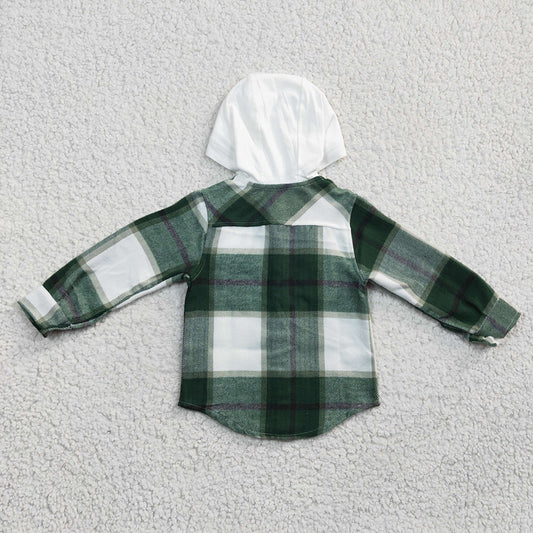 Baby kids Boys Green plaid hoodie pocket Flannel shirts Tops