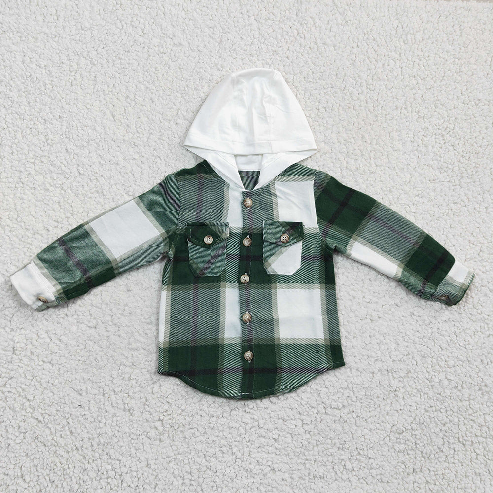 Baby kids Boys Green plaid hoodie pocket Flannel shirts Tops