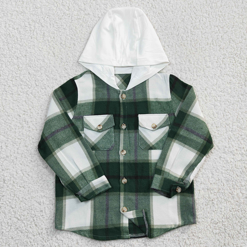 Baby kids Boys Green plaid hoodie pocket Flannel shirts Tops