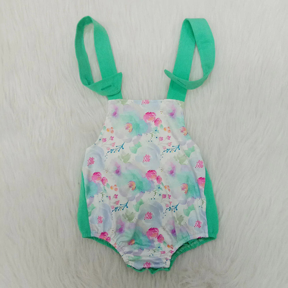 Baby Girls Green Floral Strap Rompers