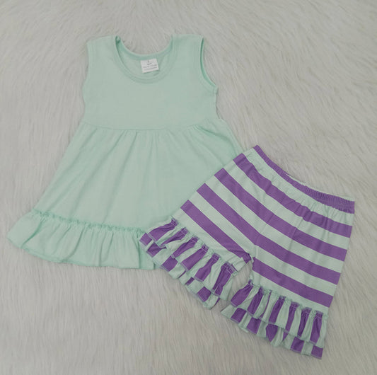 Green T-shirt Purple and green stripes exquisite ruffles Shorts sets