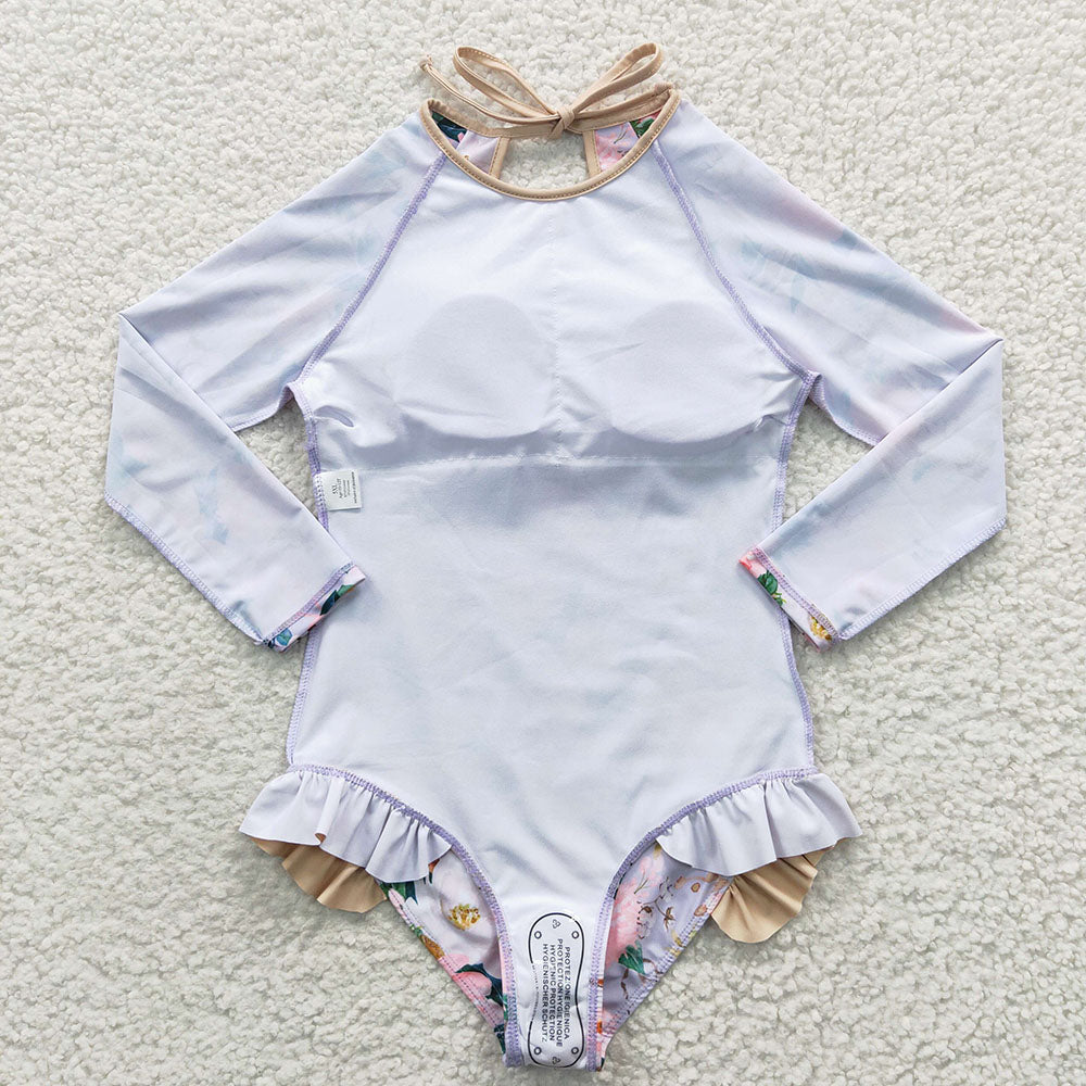 Baby Girls Grey Flowers Long Sleeve One Pieces Swimsuits