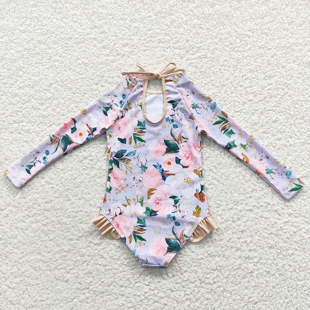 Baby Girls Grey Flowers Long Sleeve One Pieces Swimsuits