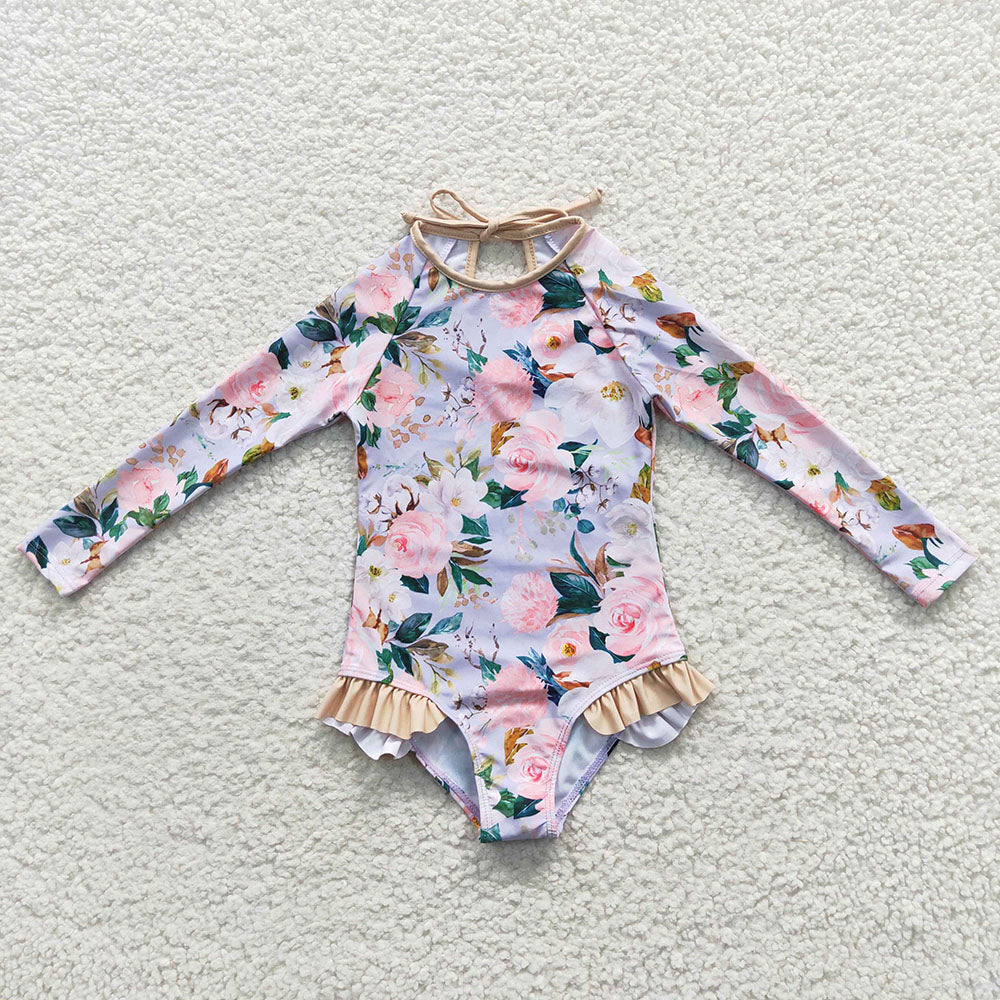 Baby Girls Grey Flowers Long Sleeve One Pieces Swimsuits