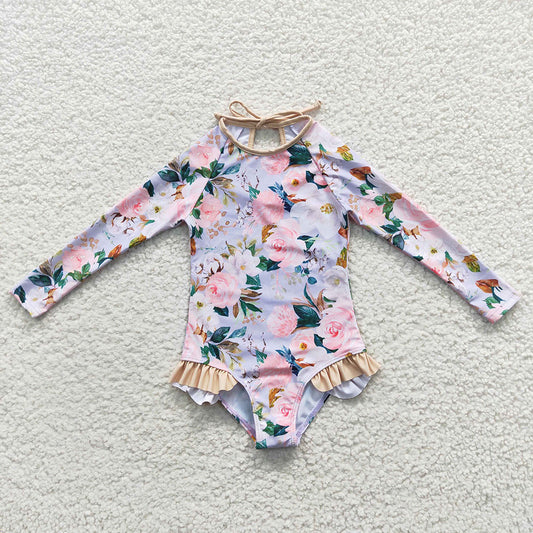 Baby Girls Grey Flowers Long Sleeve One Pieces Swimsuits