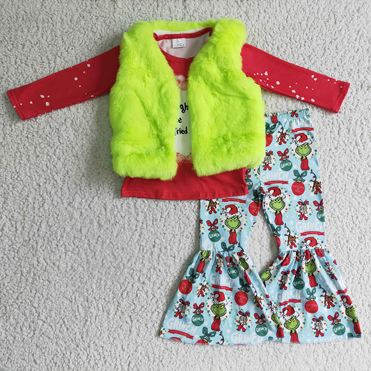 Baby Girls Christmas Cartoon red Green fur vest 3pcs pants sets