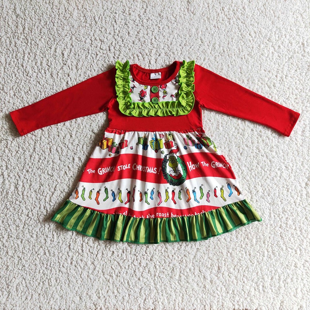 Baby girls Christmas cartoon bib long sleeve dresses