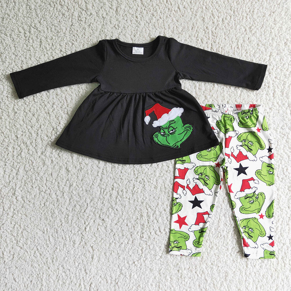 Christmas grin embroidery tunic legging baby girls outfits sets