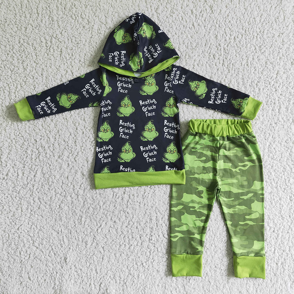 Kids Hooded Cartoon green black Christmas outfits sets