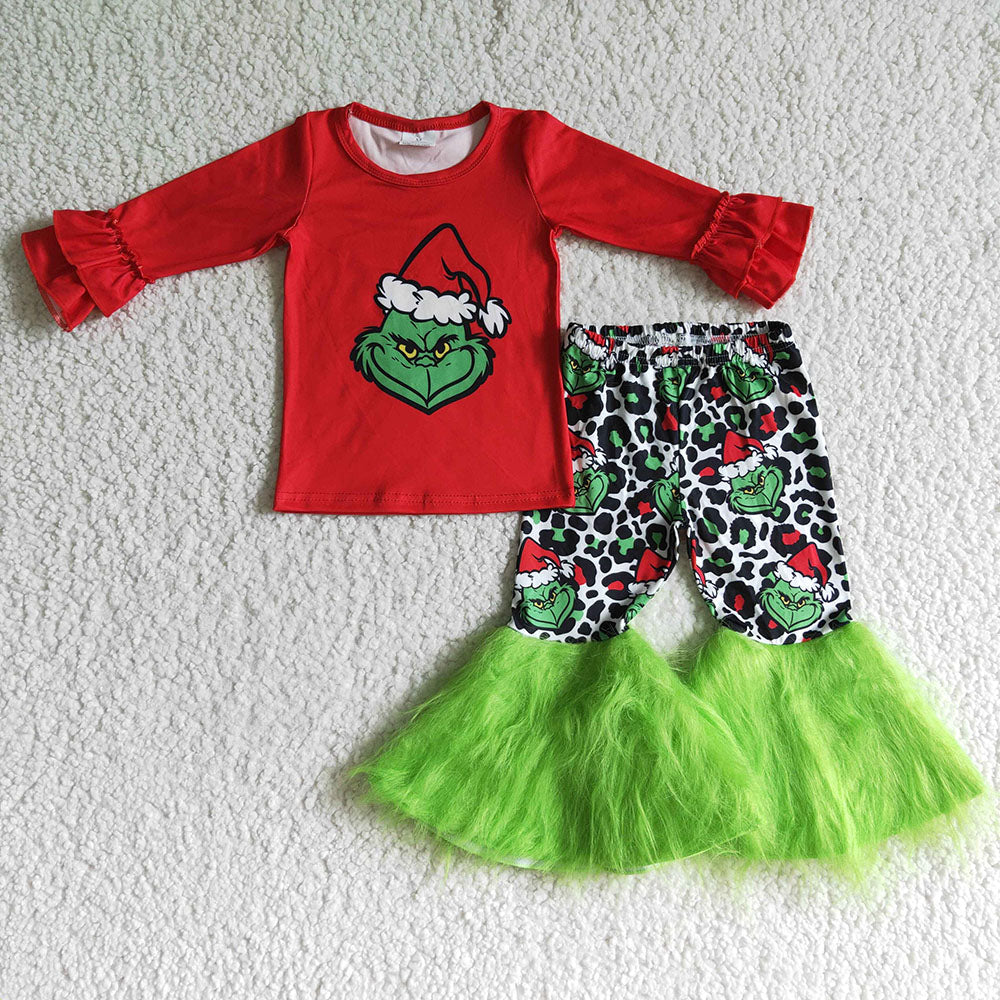 Baby girls Christmas green fur bell pants sets
