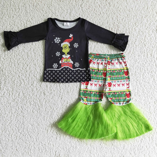 Baby girls Christmas black green fur bell pants sets