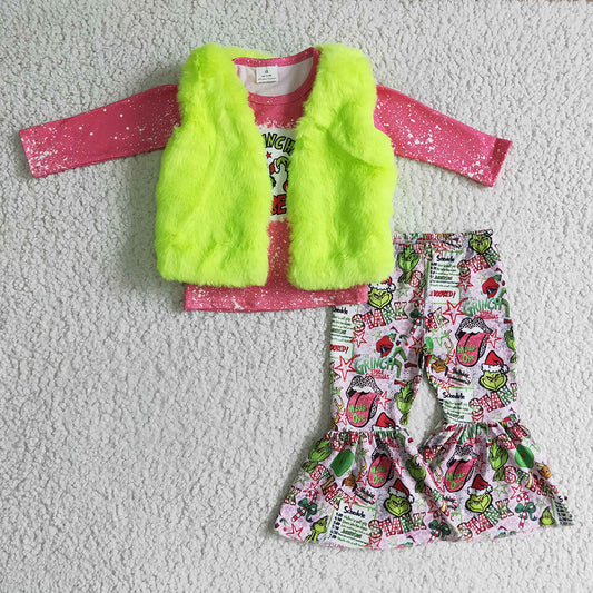 Baby Girls Christmas Cartoon Pink Green fur vest 3pcs pants sets