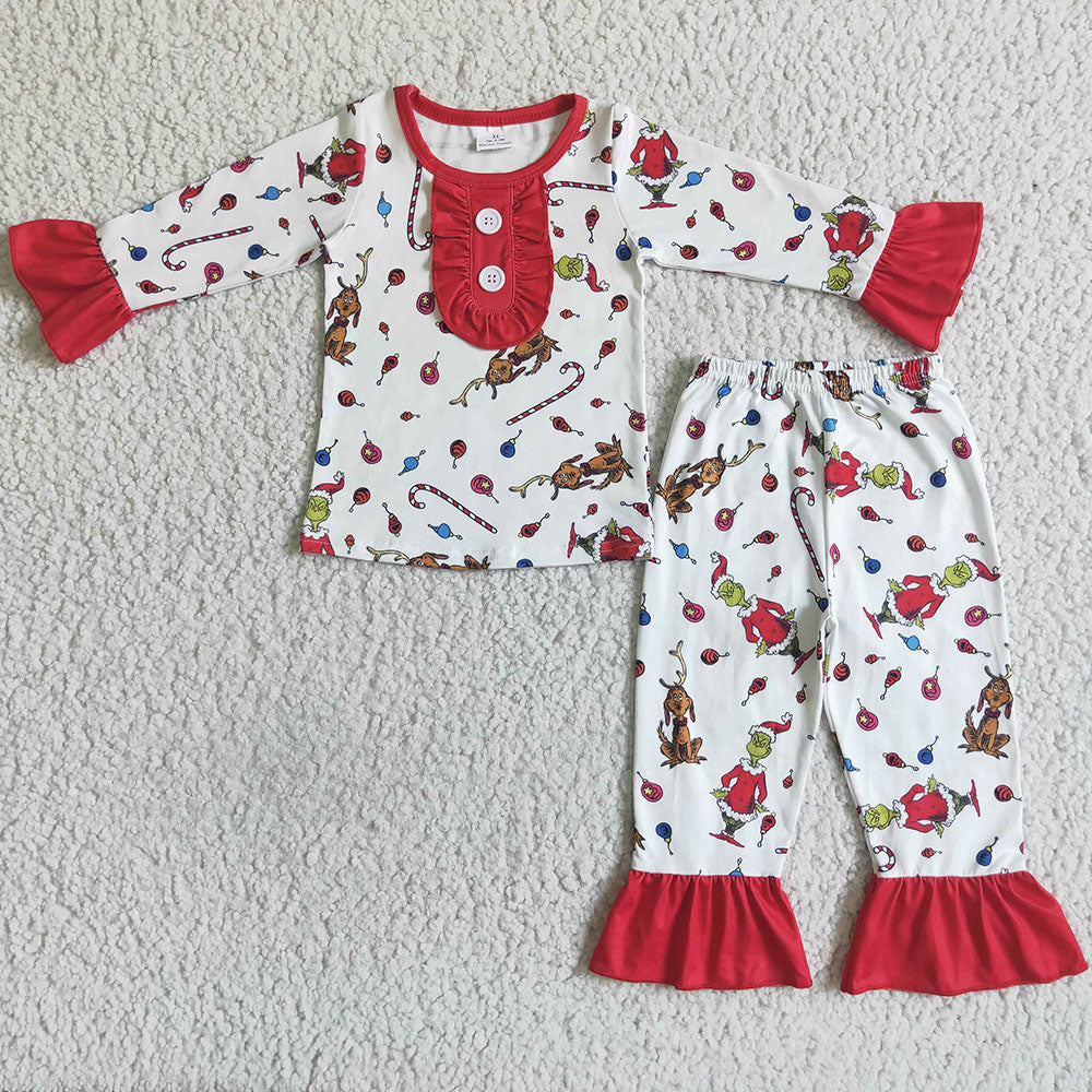 Christmas baby girls grin cartoon ruffle holiday pajamas