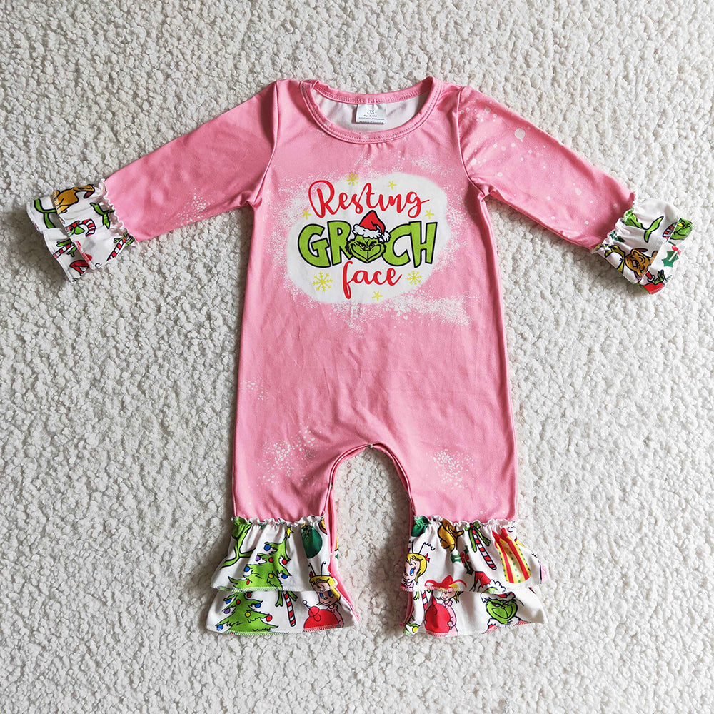 Baby girls pink Christmas cartoon ruffle rompers