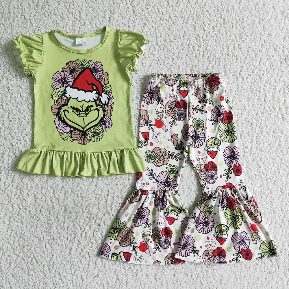 baby girls Christmas cartoon green bell pants sets