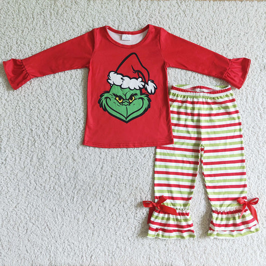 baby girls Christmas green stripe ruffle pants sets