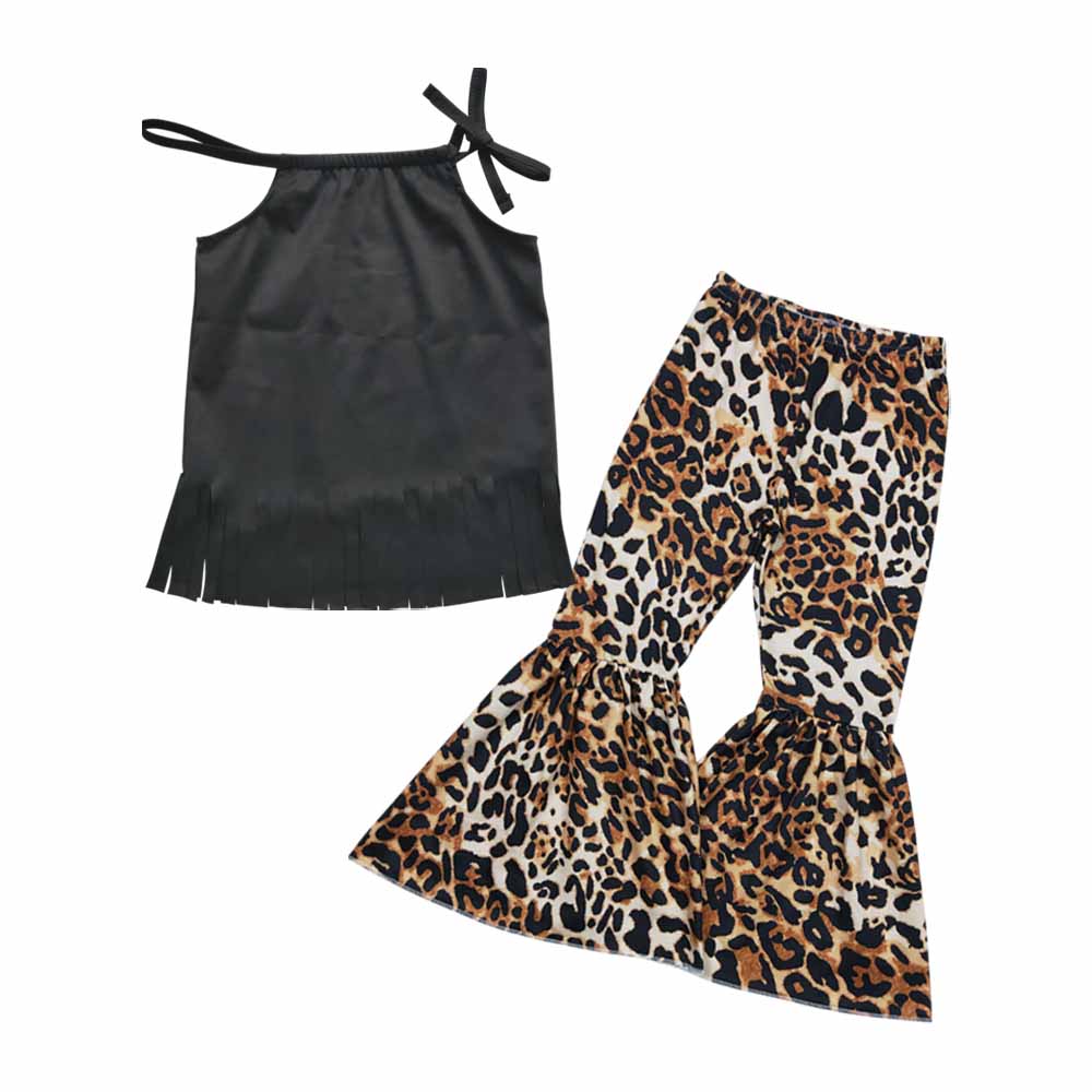 Baby Girls Black Tassel Leopard Bell Bottom Pants sets