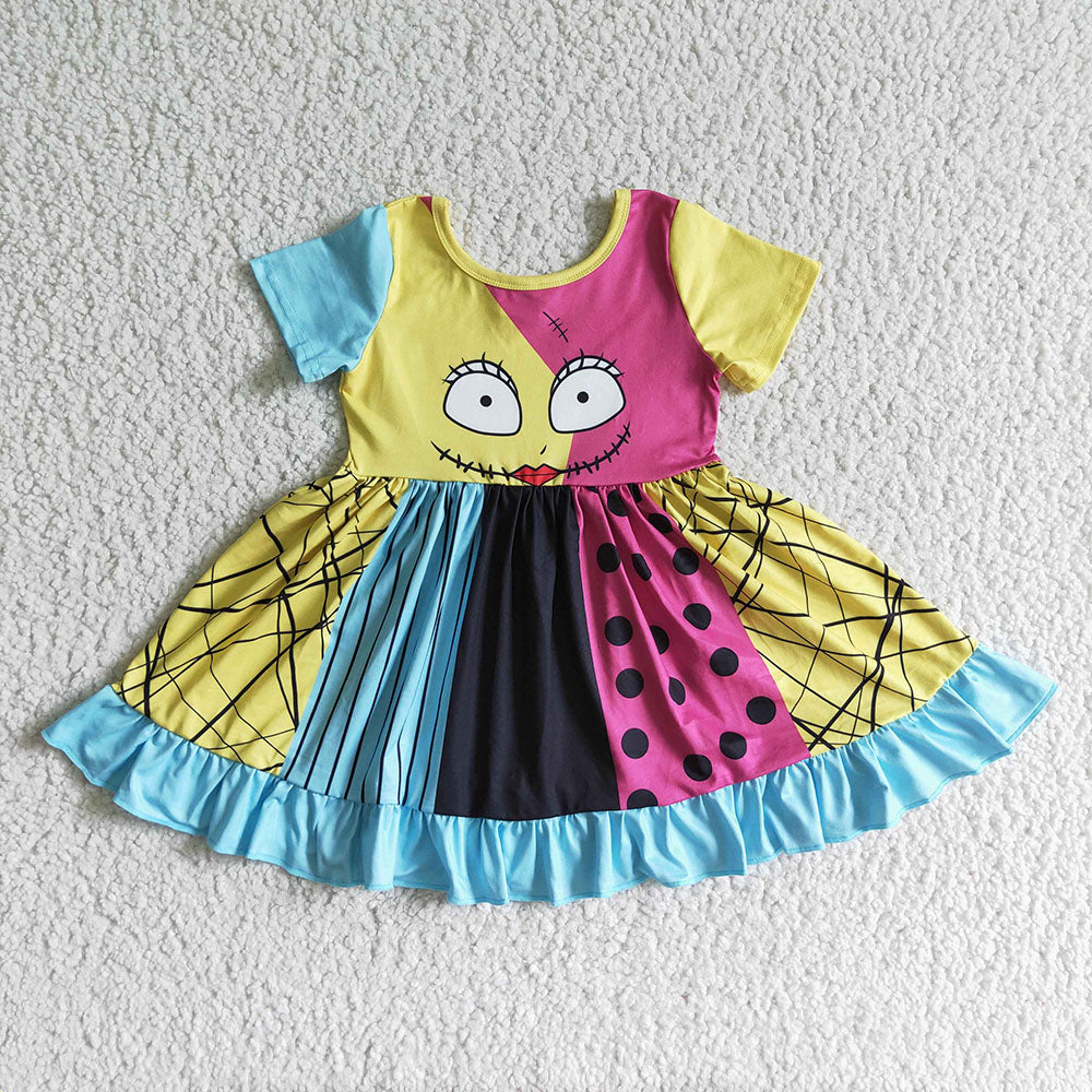 Baby girls Halloween half face flutter sleeve patchwork twirl dresses
