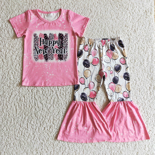 Baby Girls Happy New Year Pink Balloon Bell Pants Sets