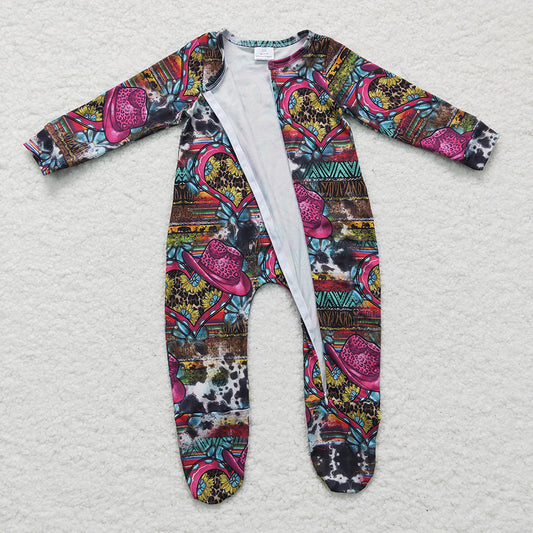 Baby girls western hats zip footie rompers