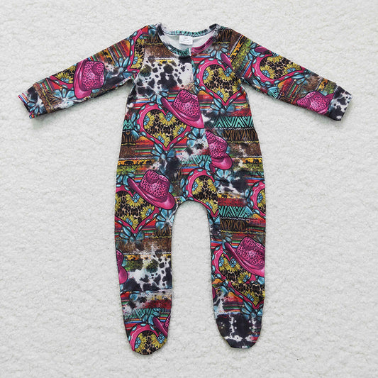 Baby girls western hats zip footie rompers