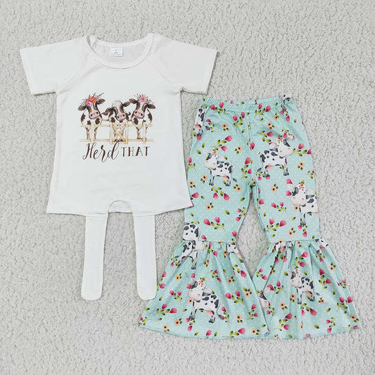 Baby Girls herd that cow floral tie shirt bell pants clothes sets