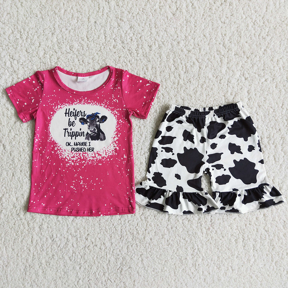 Red T-shirt heifer cow pattern Shorts sets