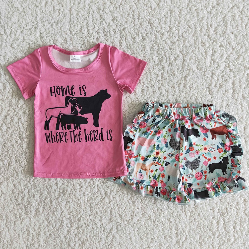 Pink T-shirt farm exquisite ruffles Shorts sets