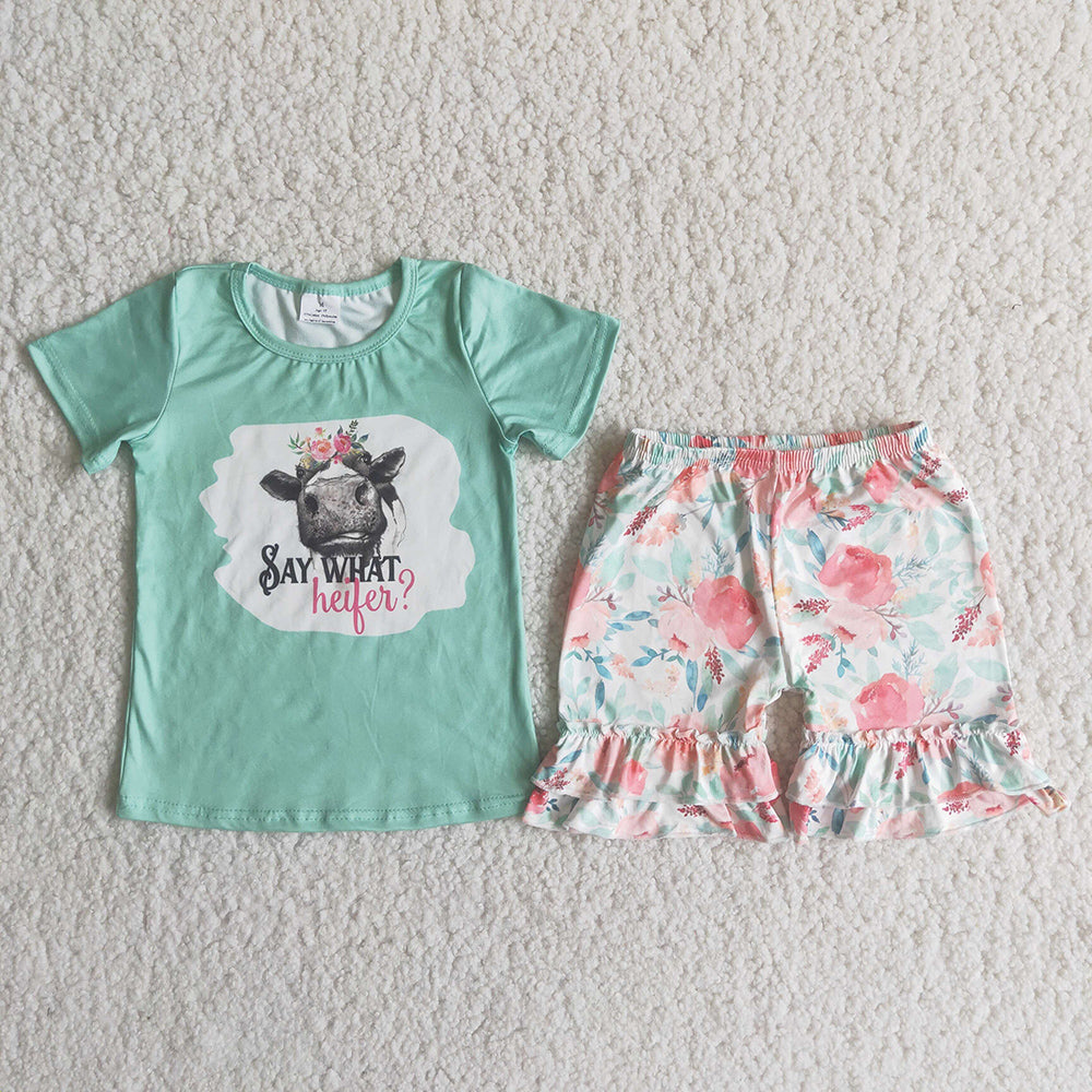 Green T-shirt heifer flower pattern Shorts sets