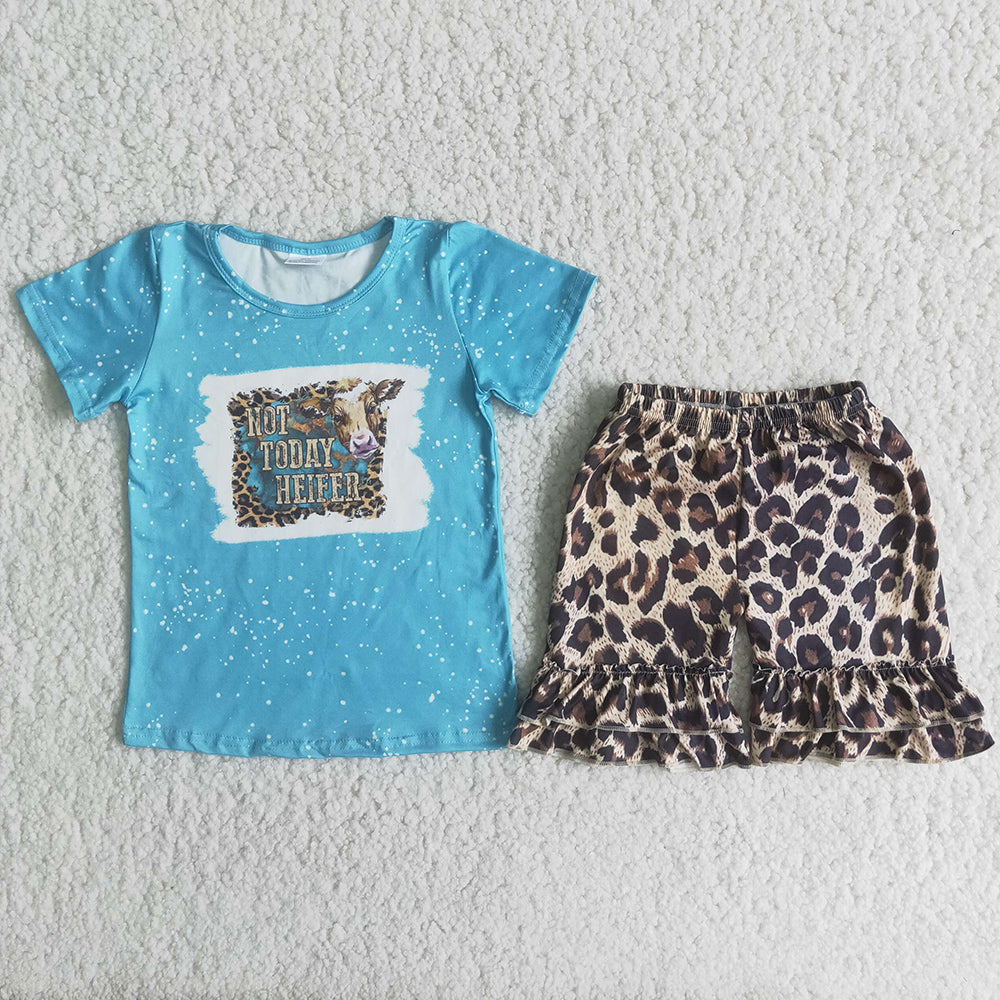 Blue T-shirt leopard exquisite ruffles Shorts sets