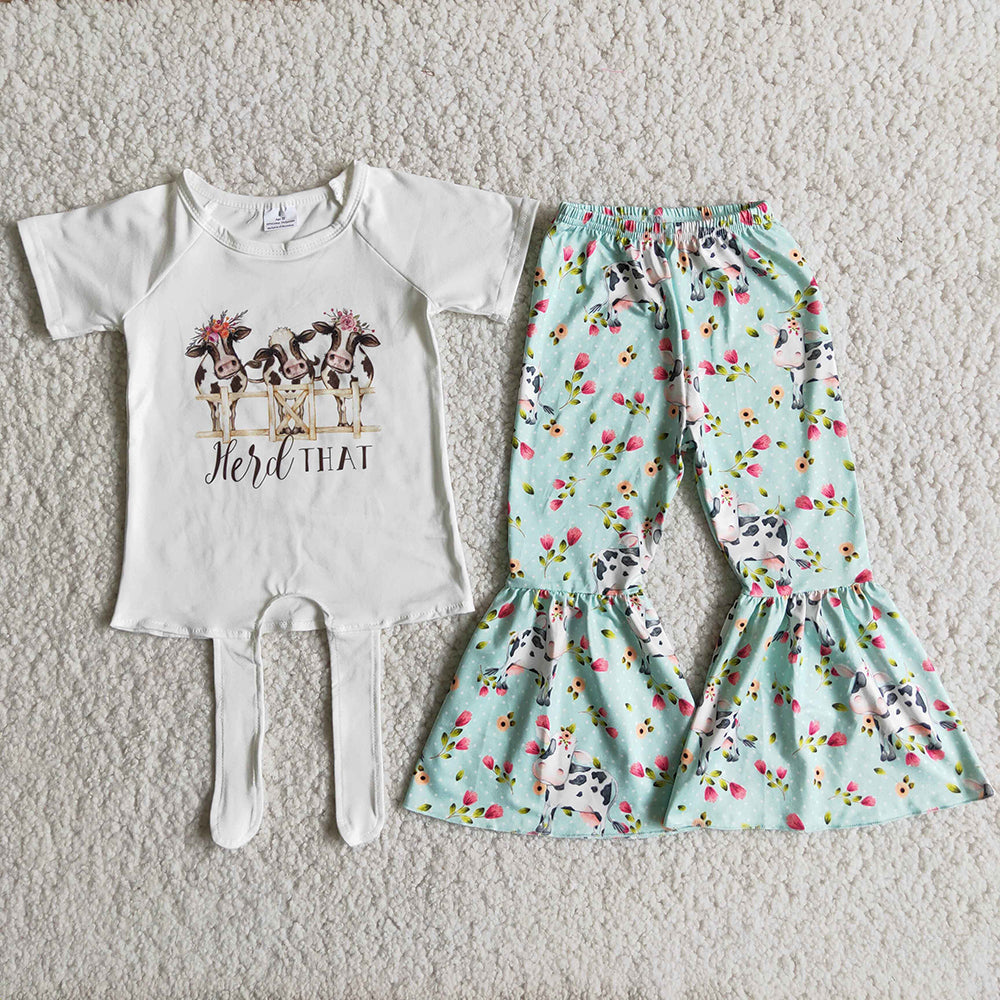 Baby Girls herd that cow floral tie shirt bell pants clothes sets