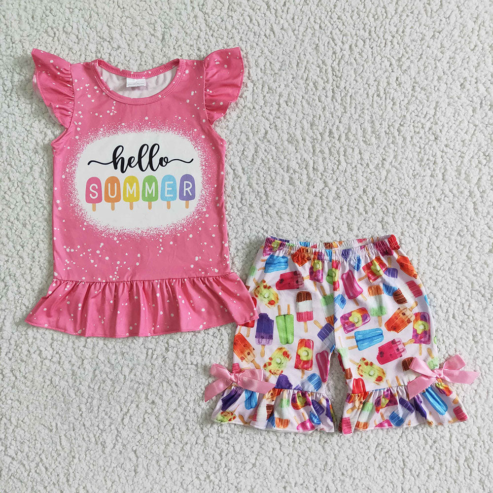 Children Kids hello Summer popsicle shorts clothes sets