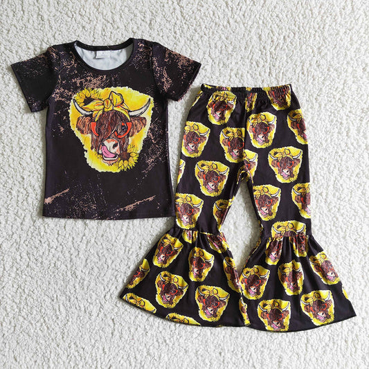 Baby girls western sunflower cow bell pants clothing sets rts