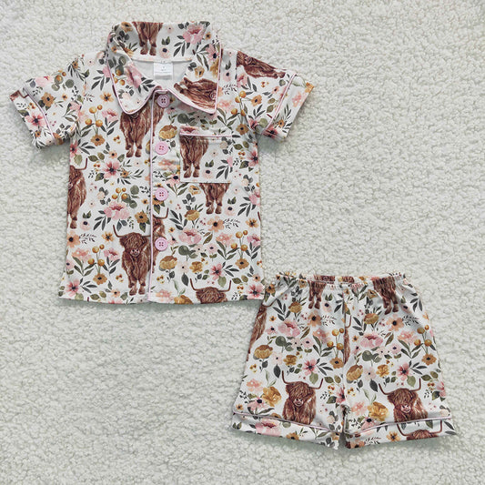 Baby Girls Western Pink Cow Flower Shorts Pajamas Sets