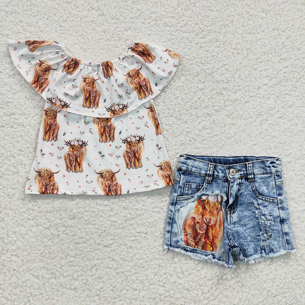 Baby Girls Cow Print Top Denim Shorts Clothes Sets