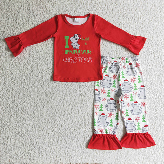 Baby Girls Hippo Christmas Ruffle Pants Clothing Sets