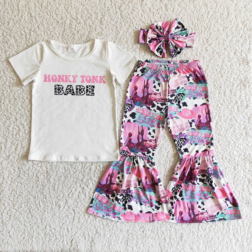 Baby girls western pink bell pants outfits sets(can choose headband here)