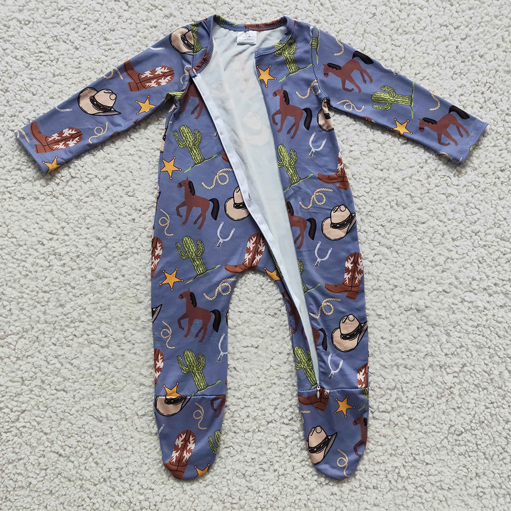 Baby boys western horse zip rompers