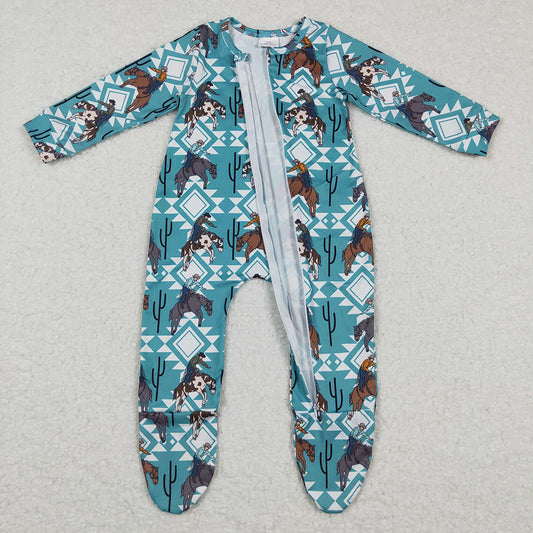 Baby boys horse aztec zip footie rompers